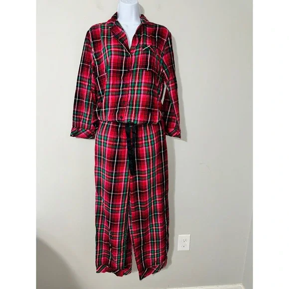 Victoria's Secret Plaid Pajama Set Long Sleeve Button Down XS Red Green Sparkle - Picture 2 of 7